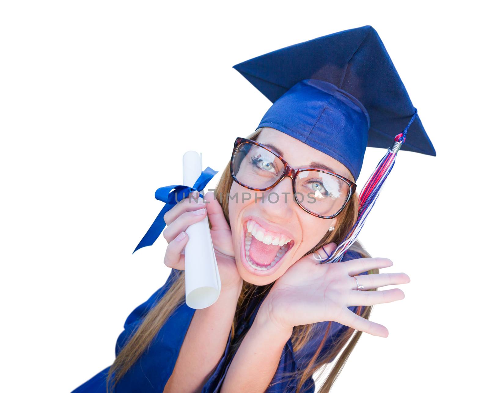 Goofy Graduating Young Girl In Cap and Gown Isolated on a White Background.