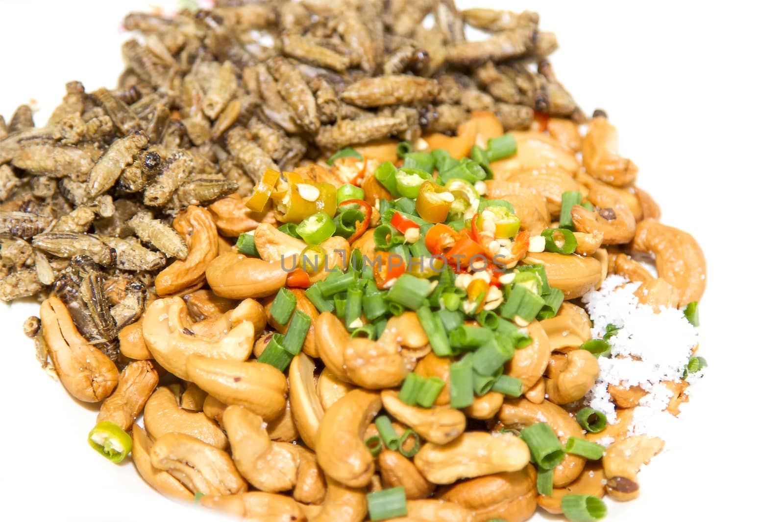 Mixed dried nuts and fried insects and salt and chilli is thai o by TakerWalker