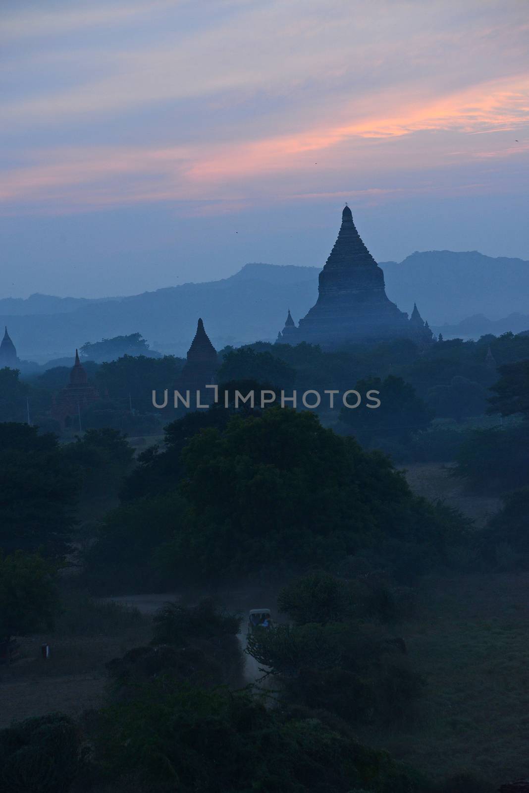 pagodas in bagan at sunset