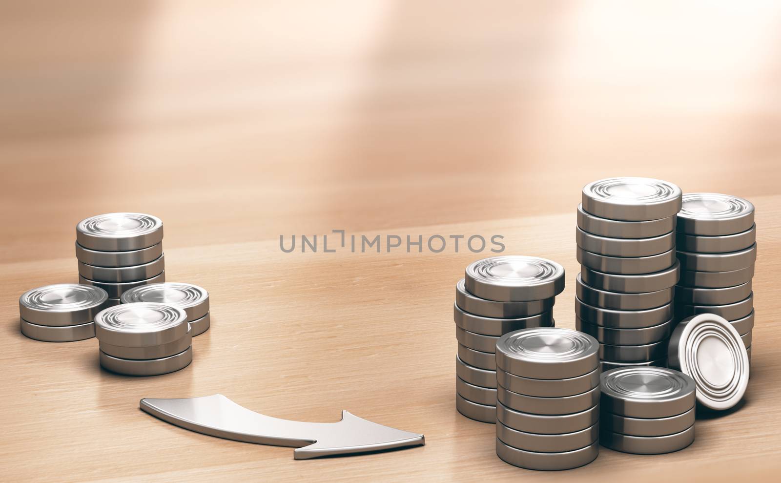 Two Piles of coins symbols on a wooden table and an arrow pointing the larger one. Financial profits concept. 3d illustration.