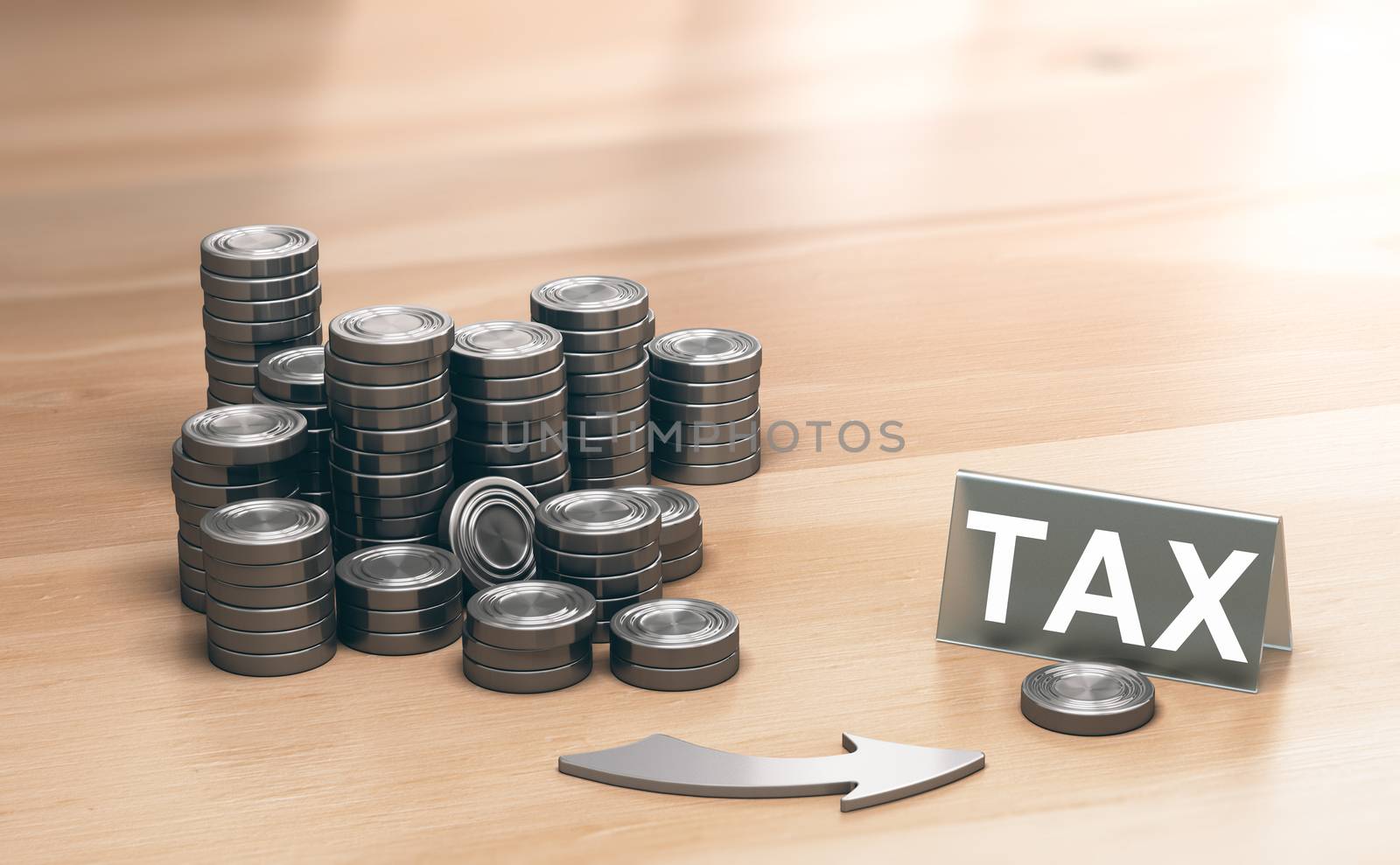 Piles of coins symbols on a wooden table and an arrow pointing a single coin with the word tax. Financial advisory and tax planning concept. 3d illustration.