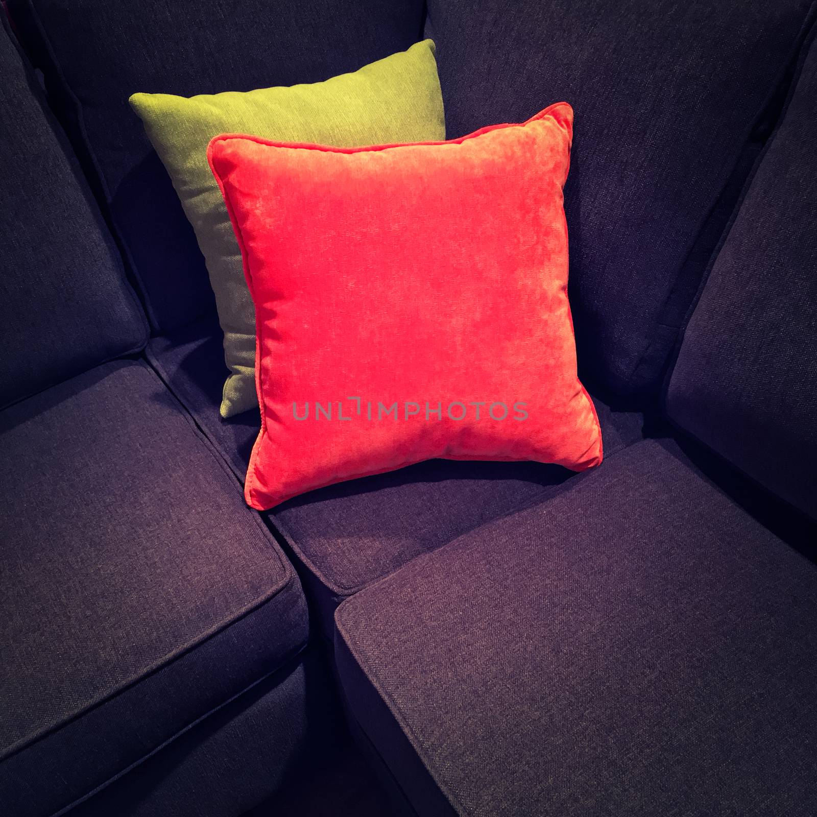 Bright velvet cushions on a dark sofa by anikasalsera