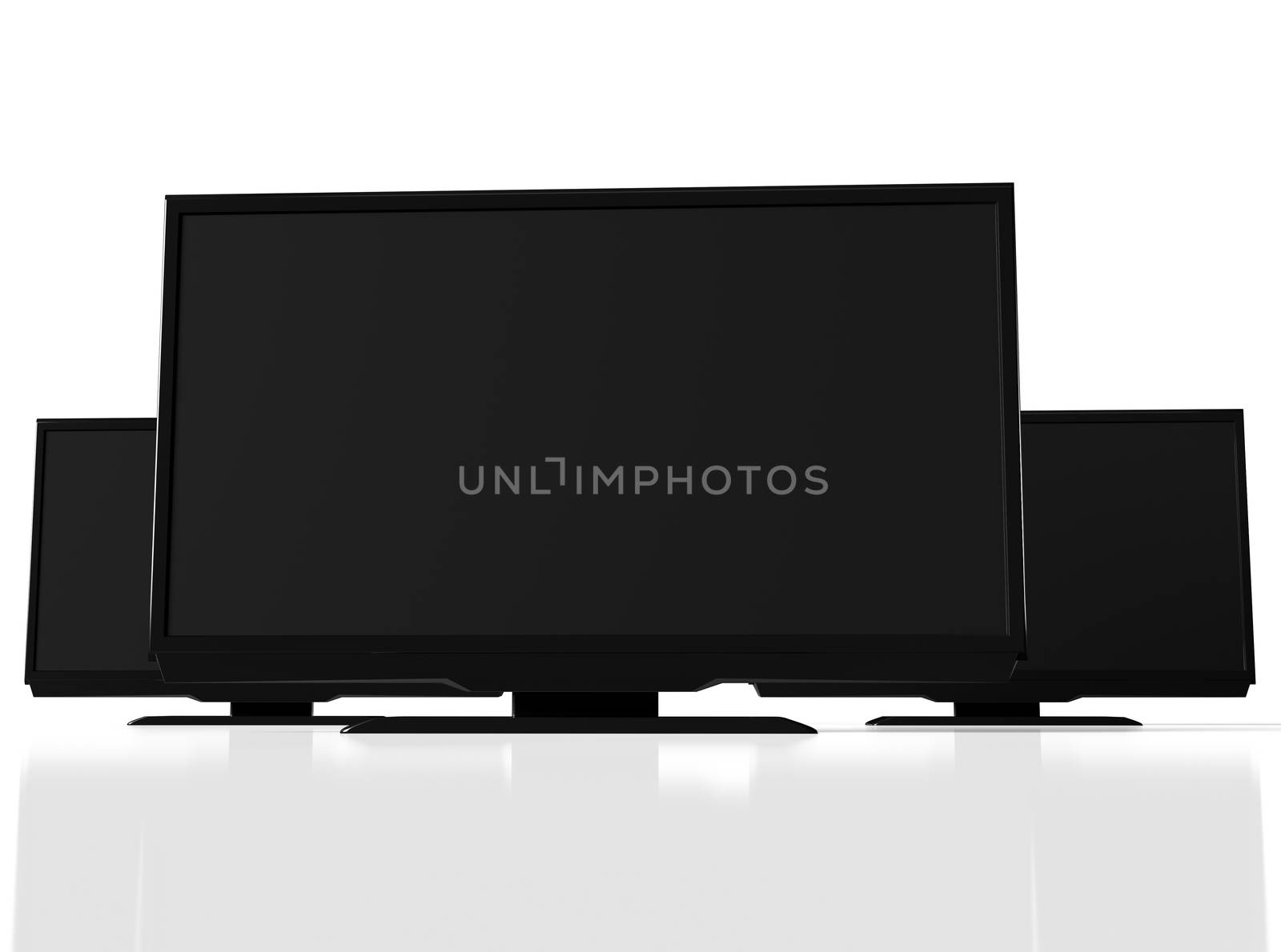 Closeup view of abstract black led tvs on white background, 3D r by Nobilior