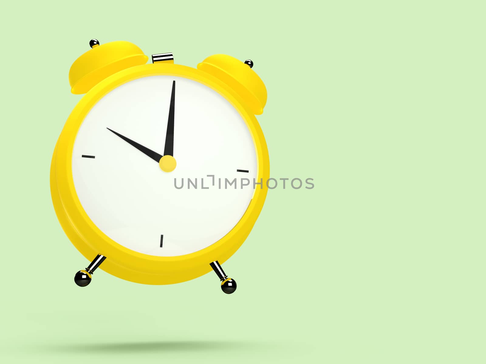 Closeup view of colorful alarm clock on light green background. 10 O'Clock, am or pm. 3D rendering