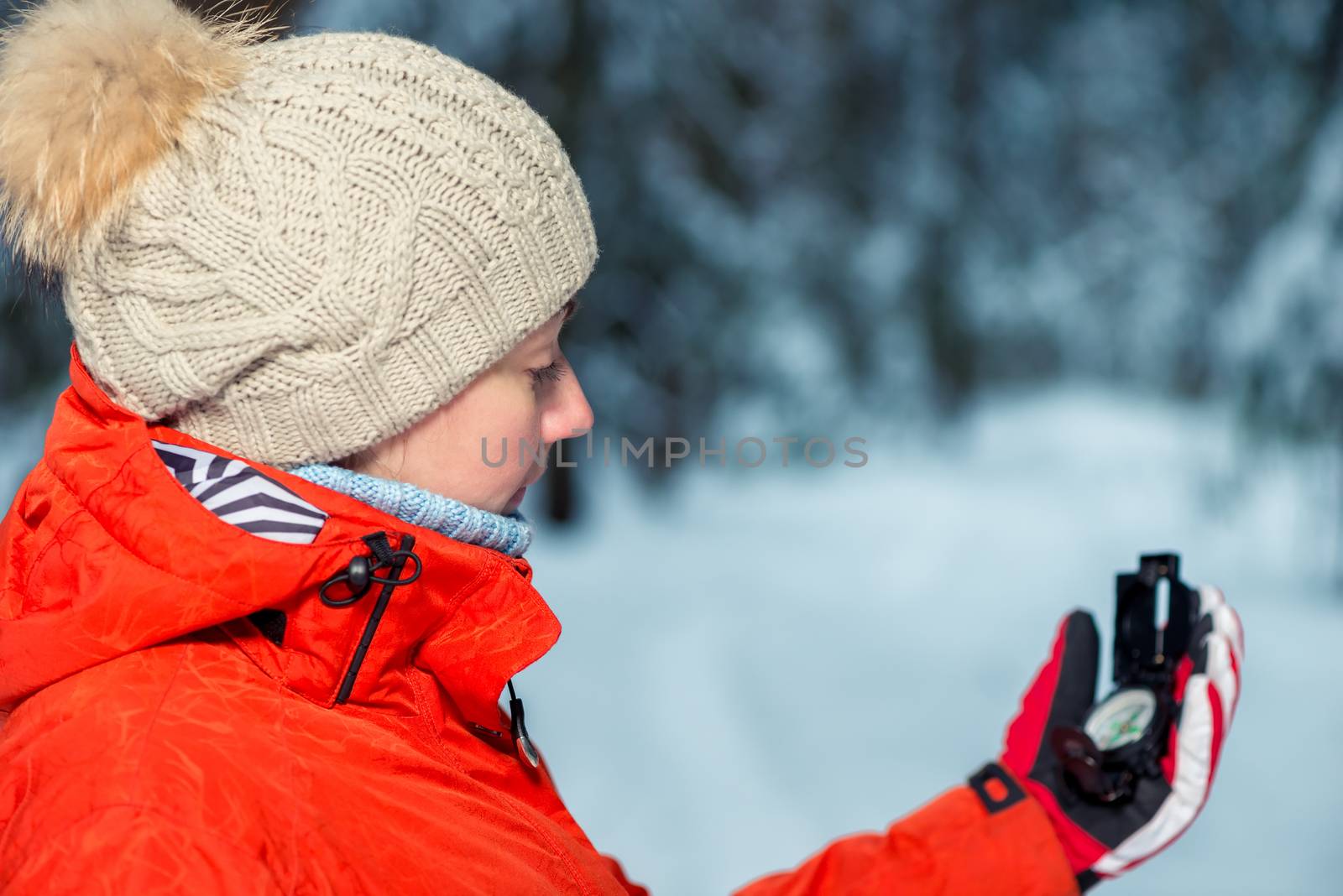 portrait of a girl in a winter forest with a compass by kosmsos111