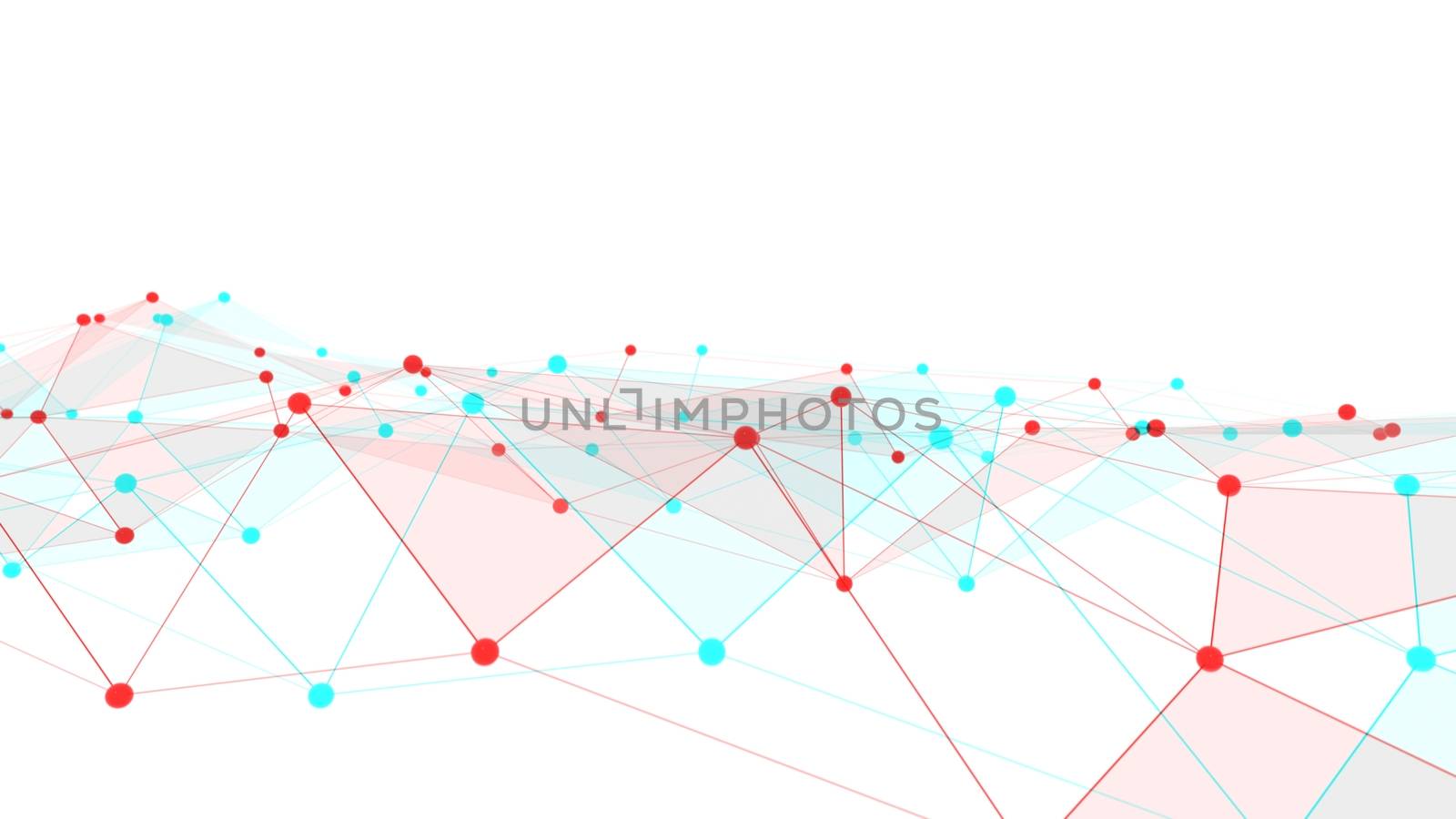 Concept of networks, science, technology or business. The points are connected by lines and transparent triangles. Large data array. 3d illustration with anaglyph effect