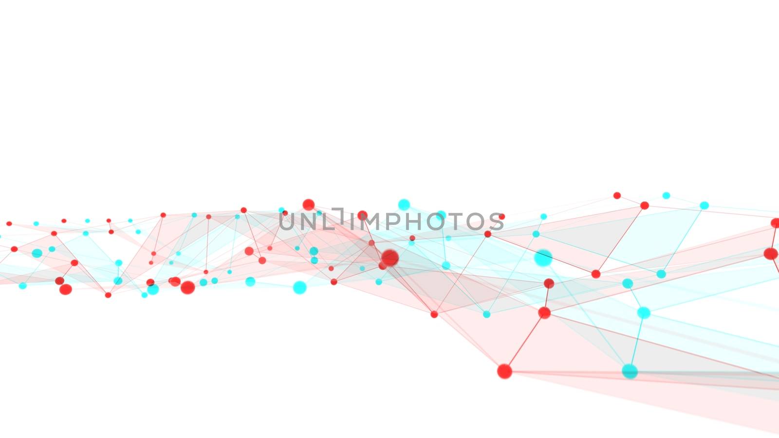 Concept of networks, science, technology or business. The points are connected by lines and transparent triangles. Large data array. 3d illustration with anaglyph effect