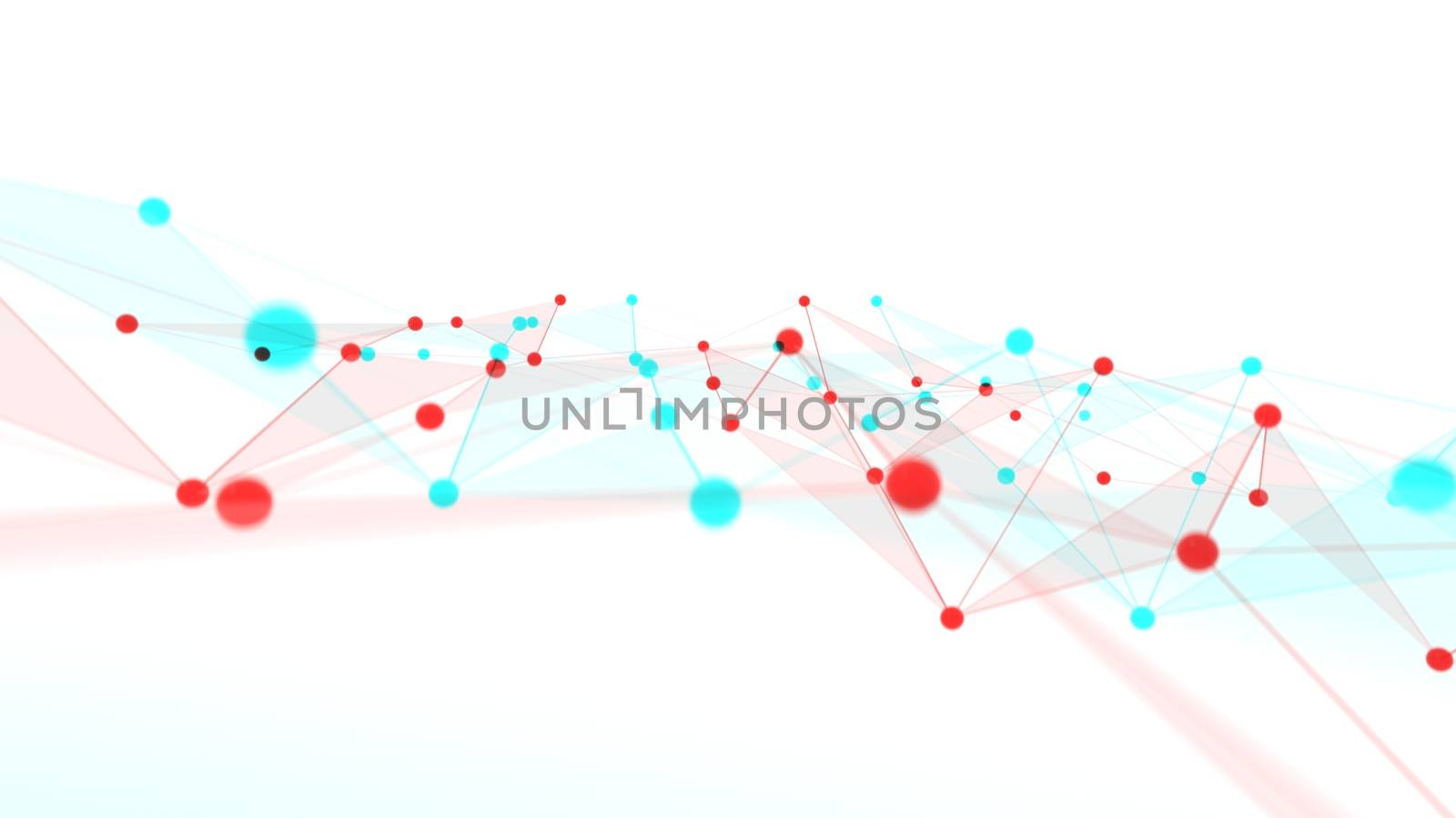 Concept of networks, science, technology or business. The points are connected by lines and transparent triangles. Large data array. 3d illustration with anaglyph effect