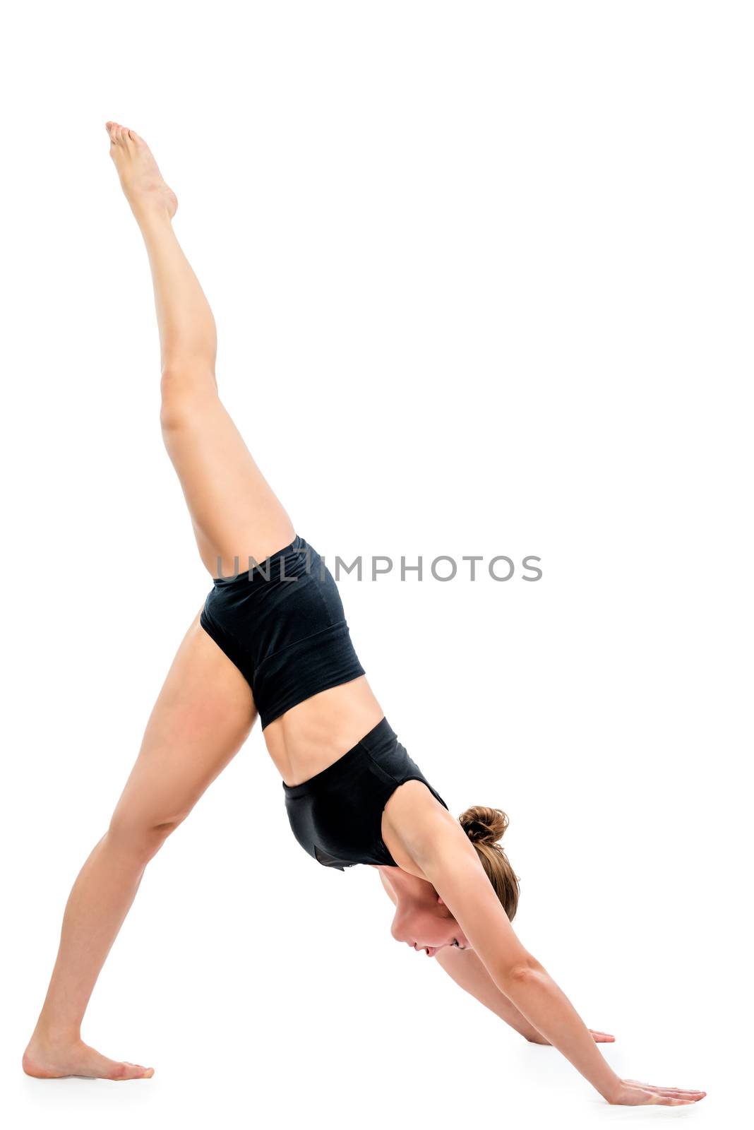stretching exercises by a young woman on a white background by kosmsos111