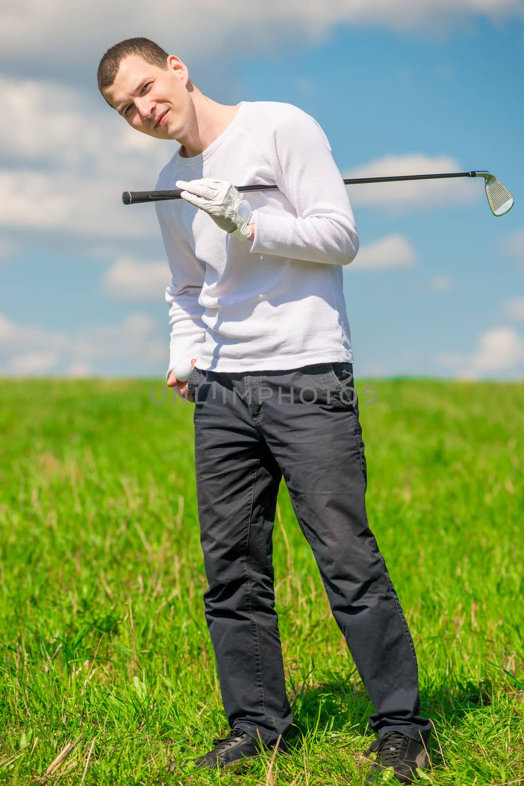 happy golfer portrait in full length on the field by kosmsos111