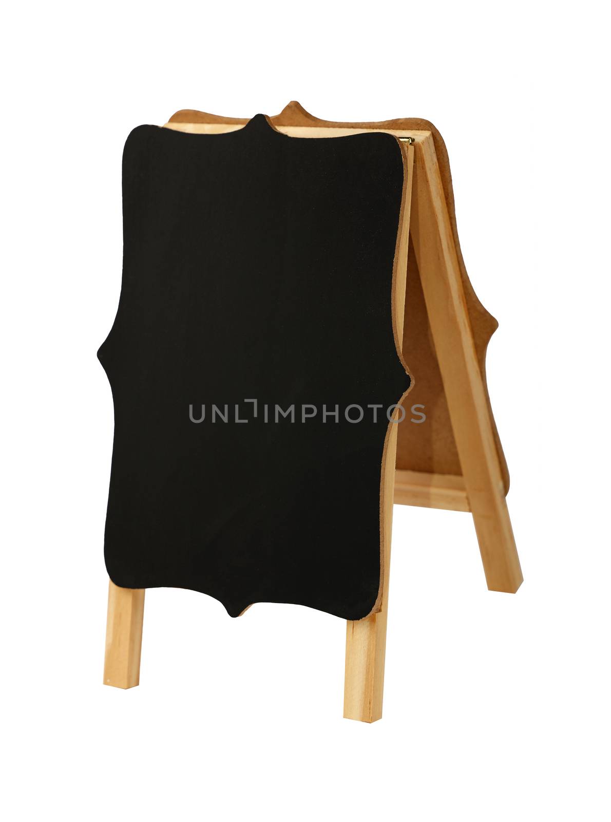 Close up one small shaped empty blank clean black chalkboard sign stand isolated on white background, low angle view