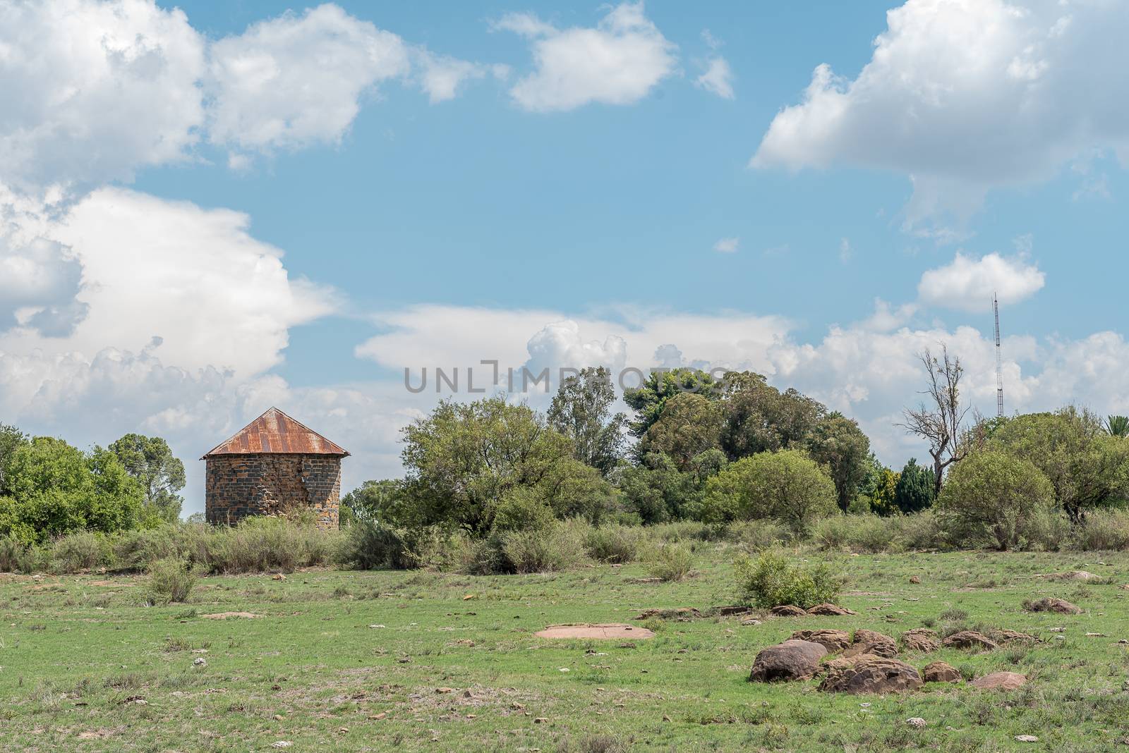 A farm scene with an old storage building near Verkeerdevlei in the Free State Privince of South Africa