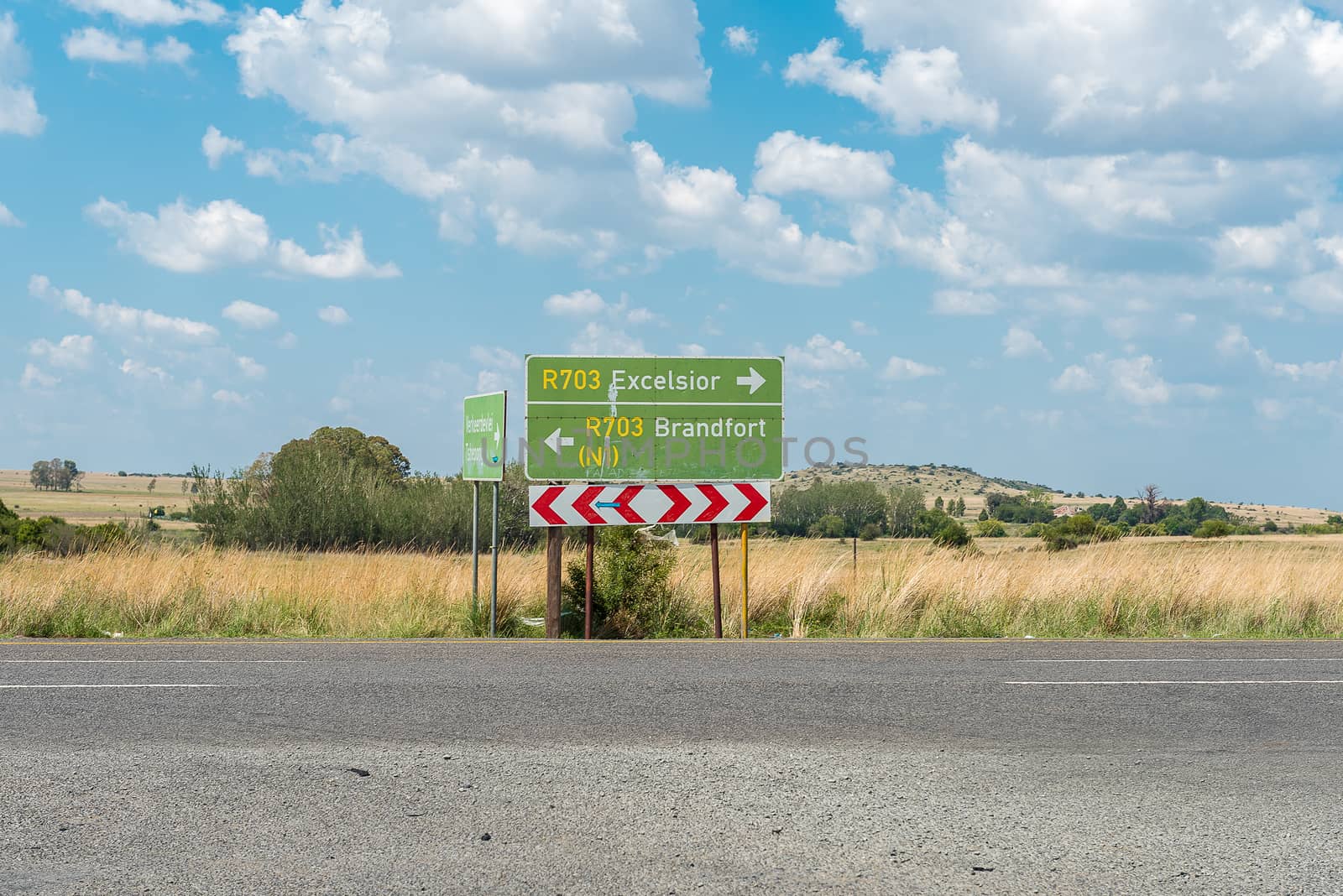 Directional road signs on the R703-road at the entrance to Verkeerdevlei, a village in the Free State Province of South Africa