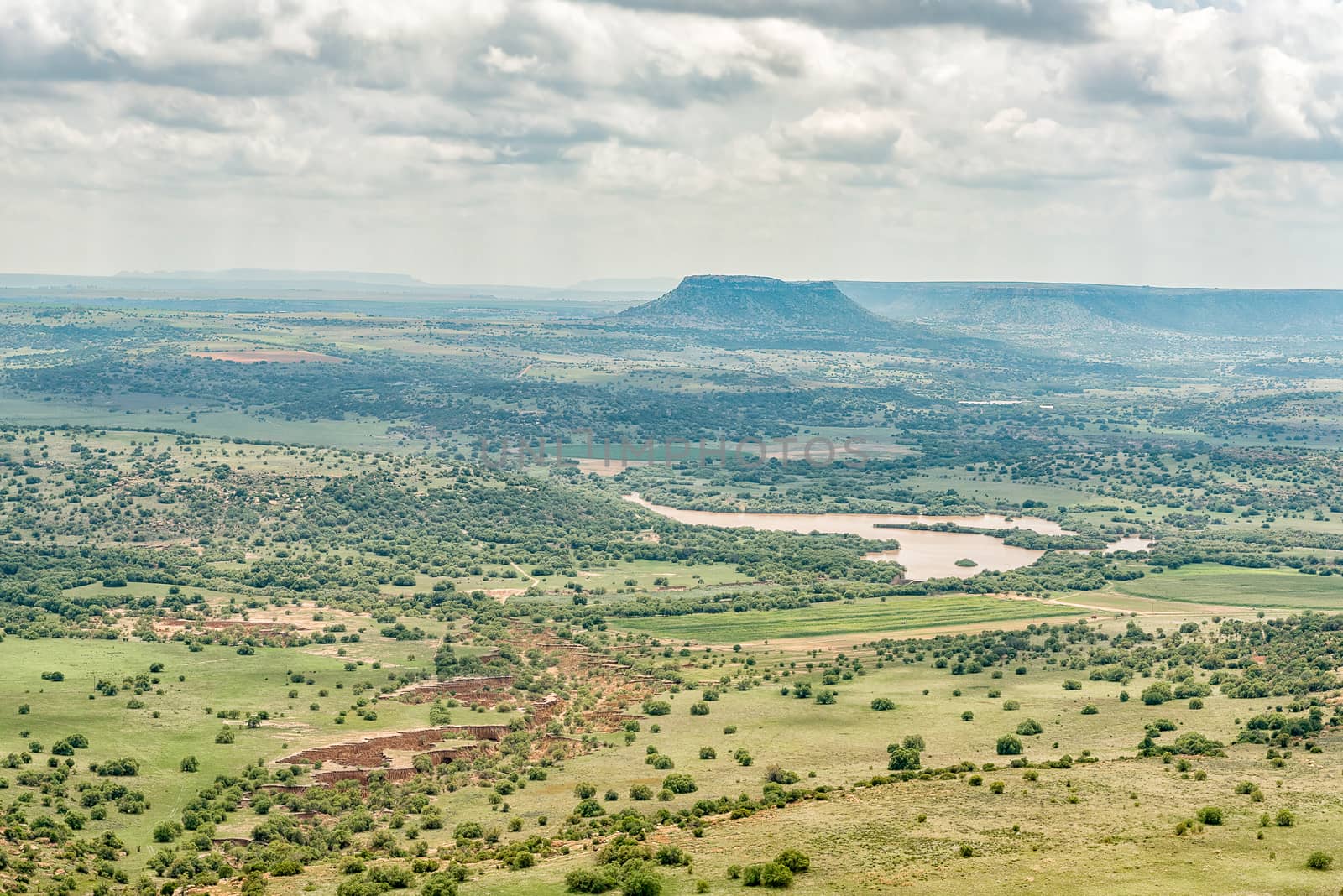 The view towards the North-East from the Koranna Mountain near Excelsior. An erosion gorge and dam are visible