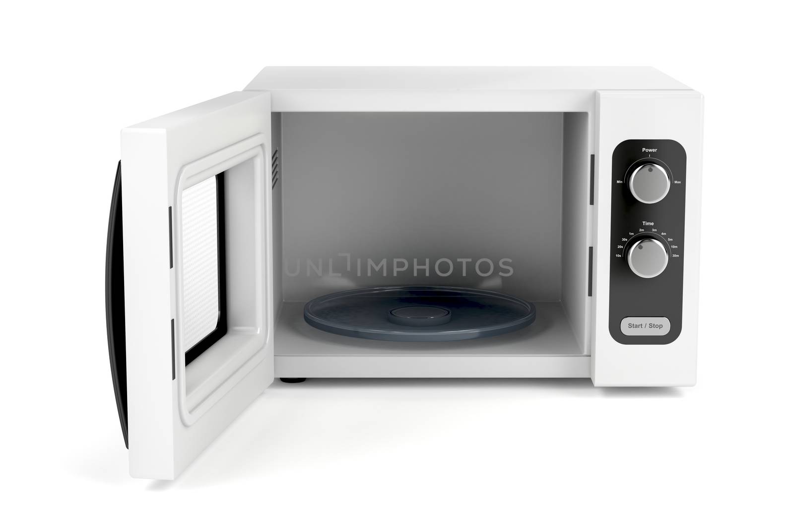 Microwave oven with open door on white background  
