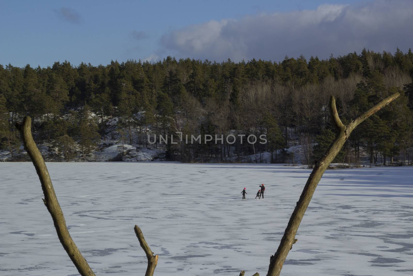 Ice skating on a frozen lake in Sweden. Mother and two children. Nackareservatet - nature reserve in Stockholm.