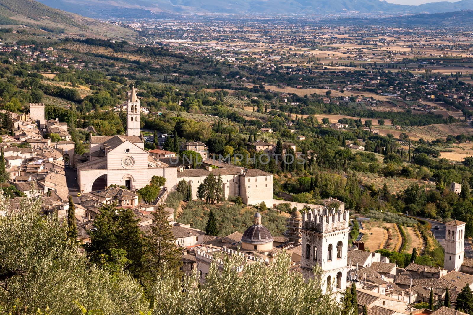 Areal view fo St. Chiara of Assisi Church. The bell tower can be seen from miles away.