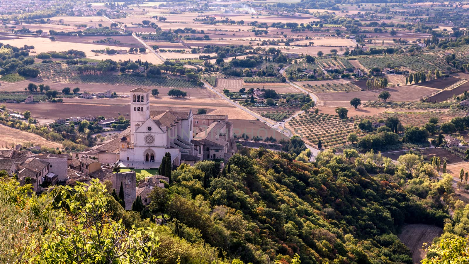 Areal view fo St. Francis of Assisi Church. St. Francis is the patron saint of Italy. The bell tower can be seen from miles away.