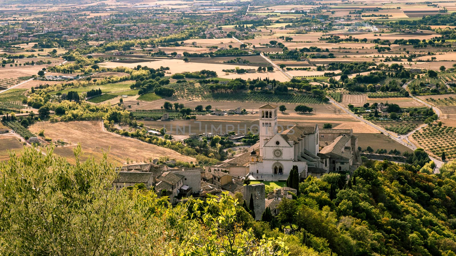 Areal view fo St. Francis of Assisi Church. St. Francis is the patron saint of Italy. The bell tower can be seen from miles away.