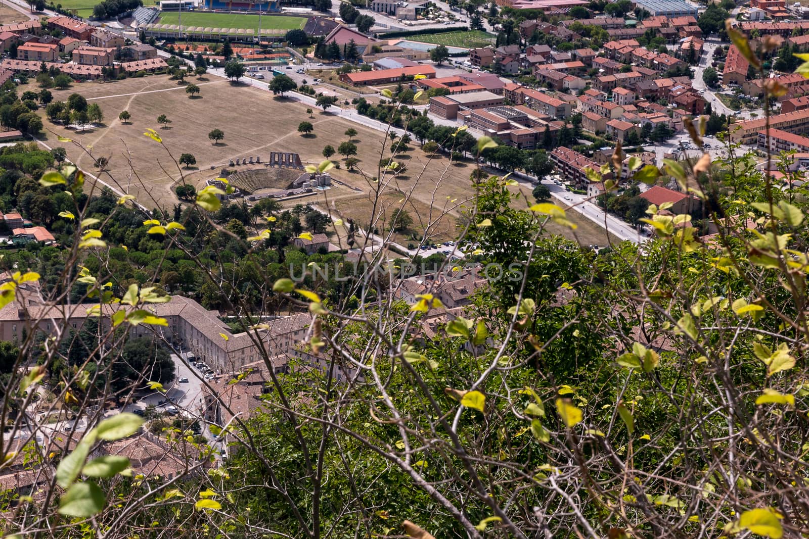 Panoramic view of the ancient Roman theater of Gubbio and of the Antiquarium dating back to the 1st century B.C.