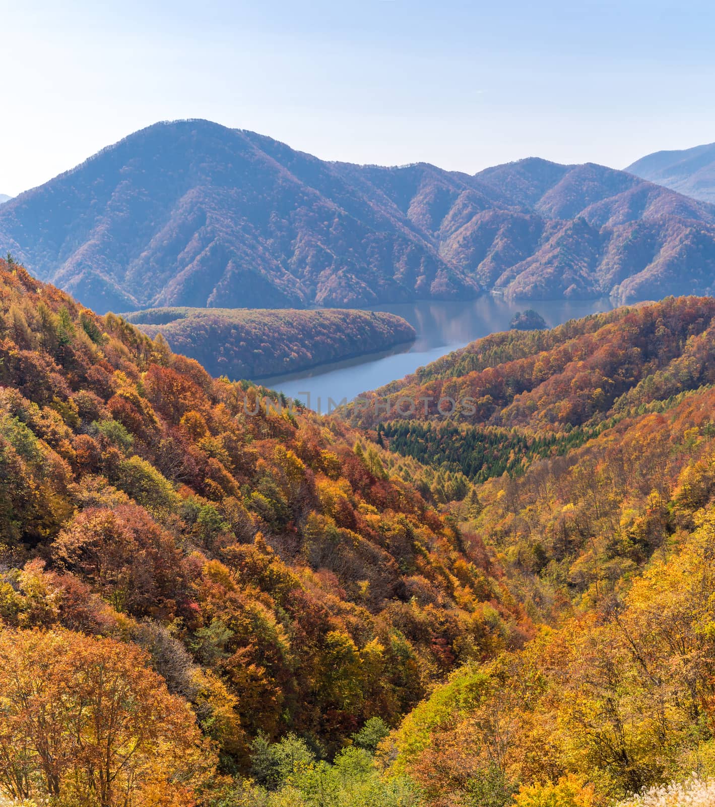 Nakatsugawa gorge from view point Azuma lake line at Urabandai Fukushima in autumn fall Japan