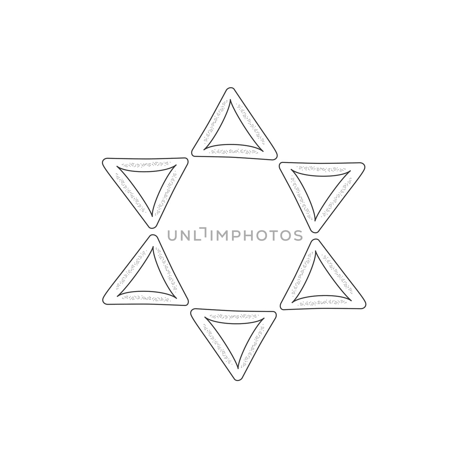 Purim holiday flat design black thin line icons of hamantashs in star of david shape. Vector eps10 illustration.