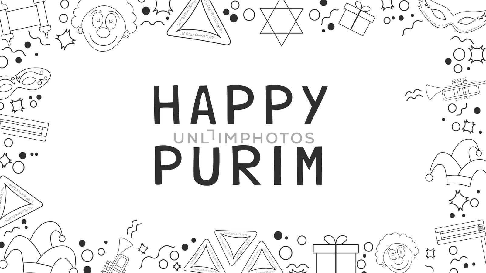Frame with purim holiday flat design black thin line icons with text in english "Happy Purim". Template with space for text, isolated on background. Vector eps10 illustration.