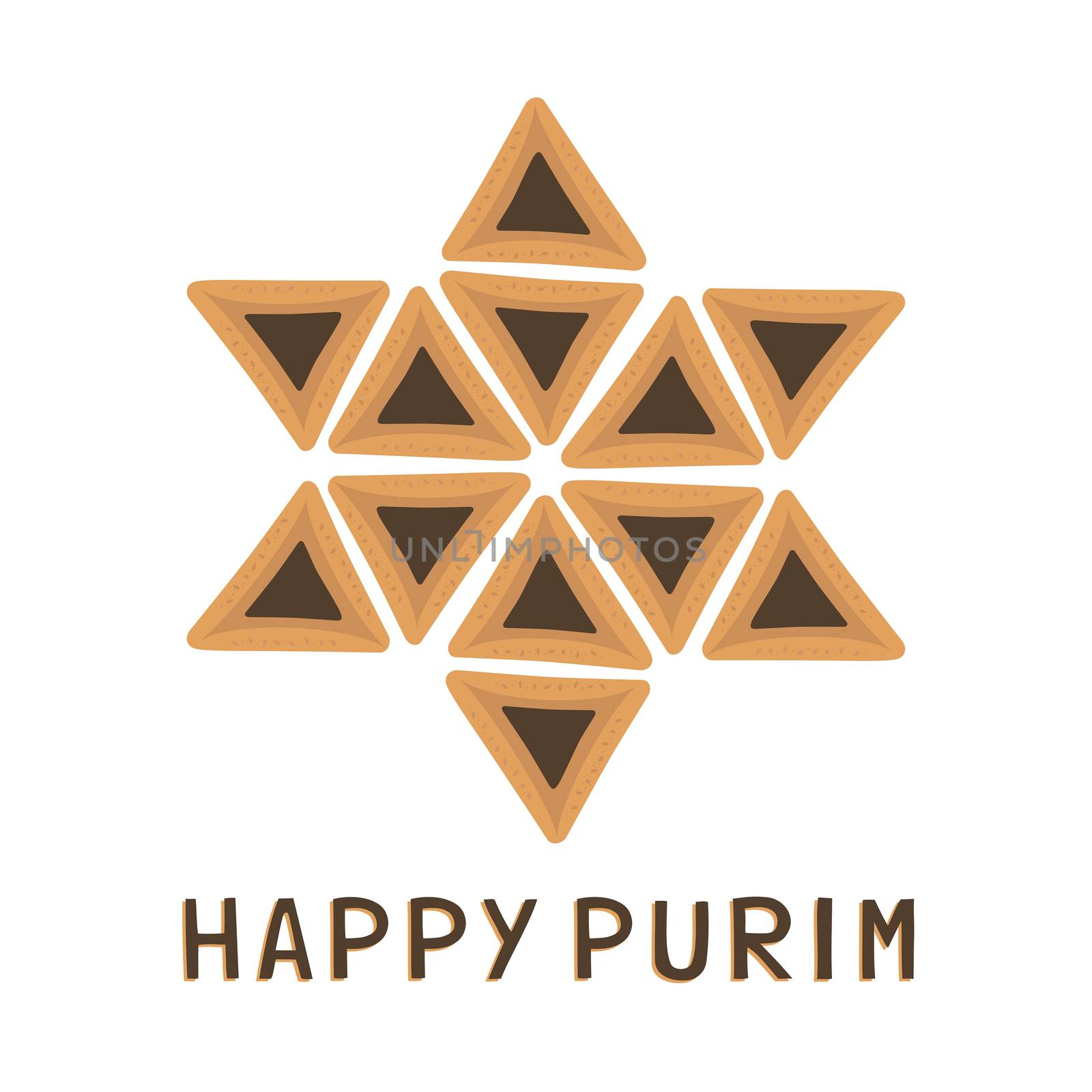 Purim holiday flat design icons of hamantashs in star of david shape with text in english "Happy Purim". Vector eps10 illustration.