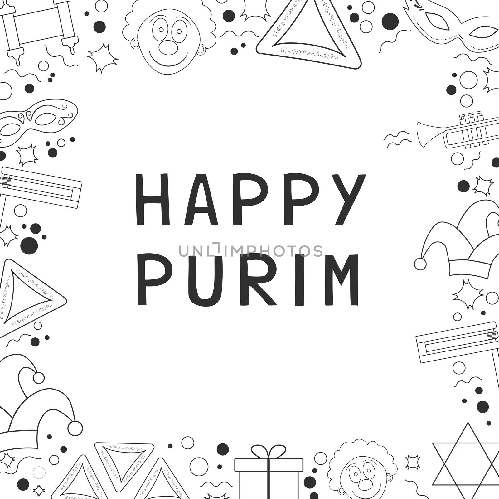 Frame with purim holiday flat design black thin line icons with text in english "Happy Purim". Template with space for text, isolated on background. Vector eps10 illustration.