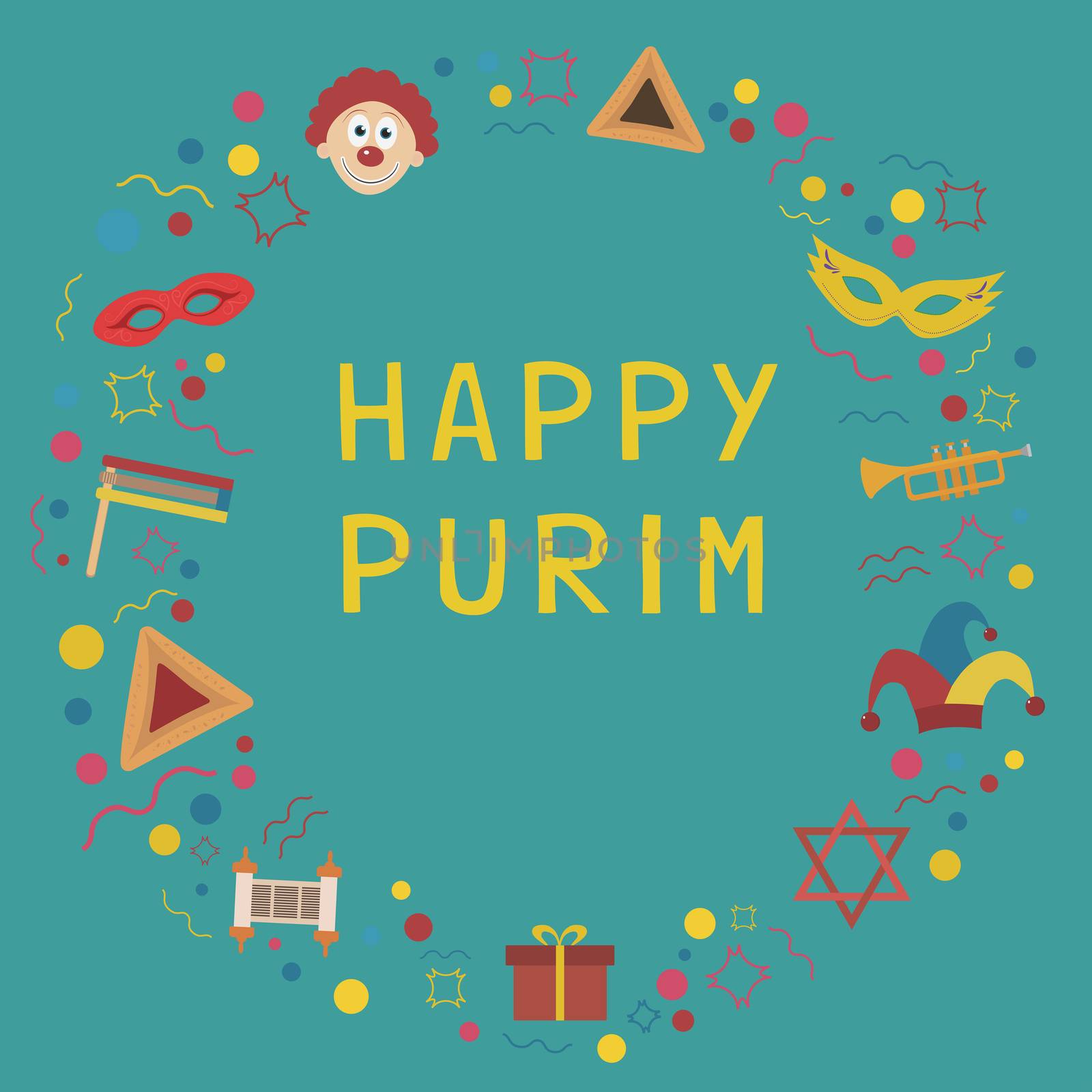 Frame with purim holiday flat design icons with text in english "Happy Purim". Template with space for text, isolated on background. Vector eps10 illustration.