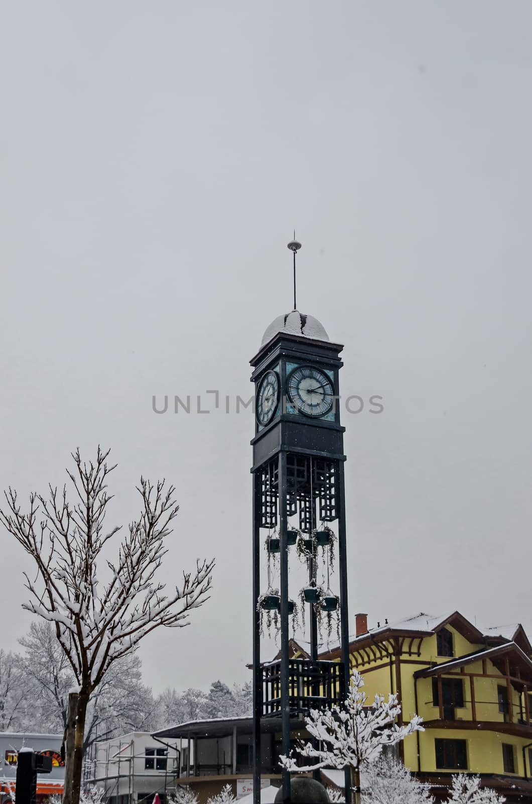 Clock tower in winter, Bankia town near Sofia
