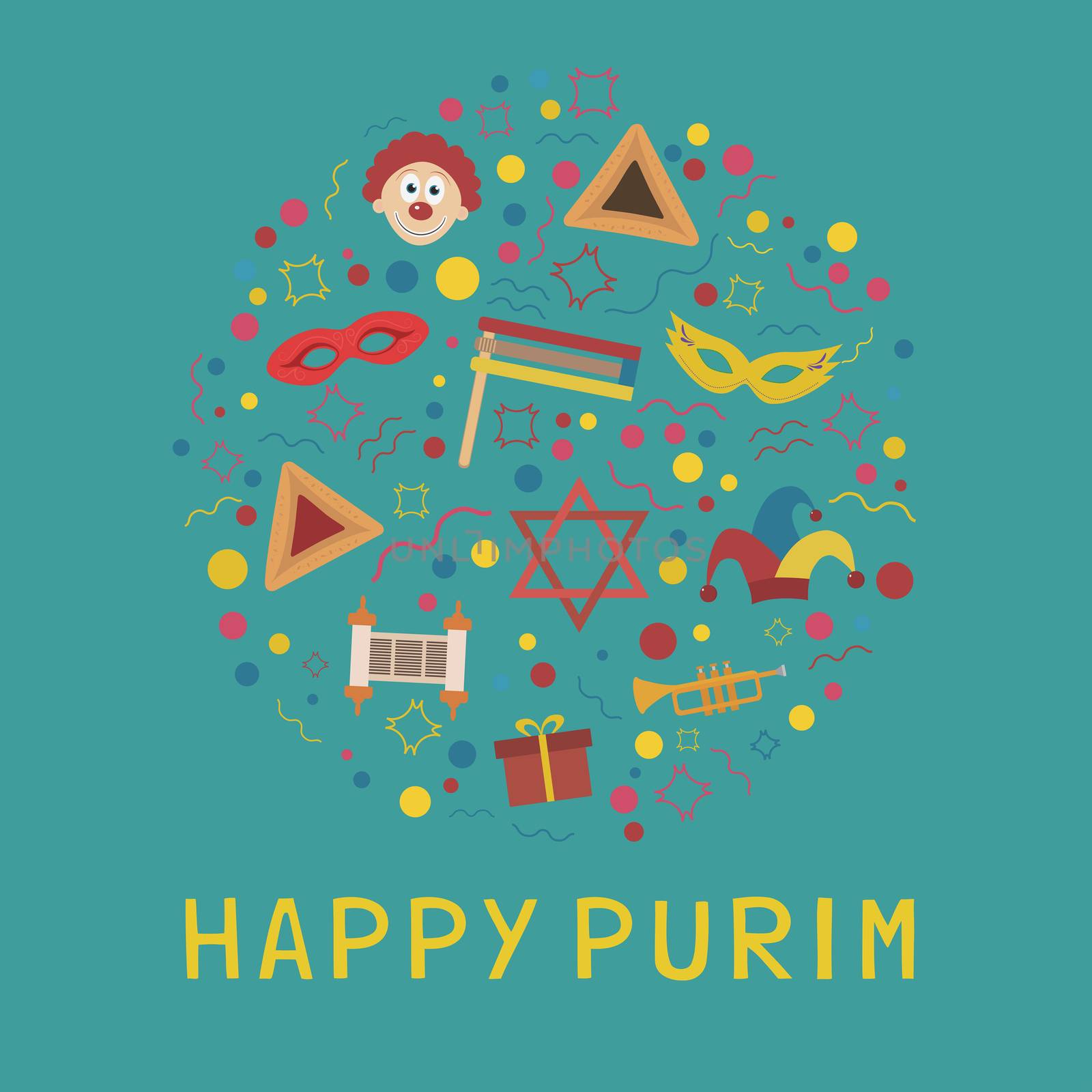Purim holiday flat design icons set in round shape with text in english "Happy Purim". Vector eps10 illustration.