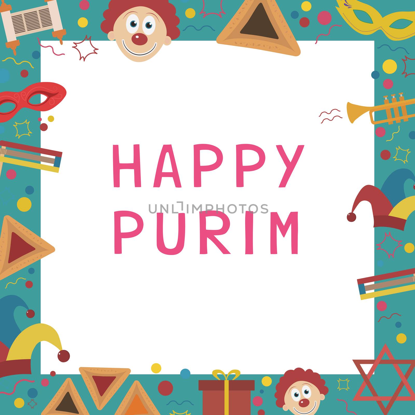 Frame with purim holiday flat design icons with text in english "Happy Purim". Template with space for text, isolated on background. Vector eps10 illustration.