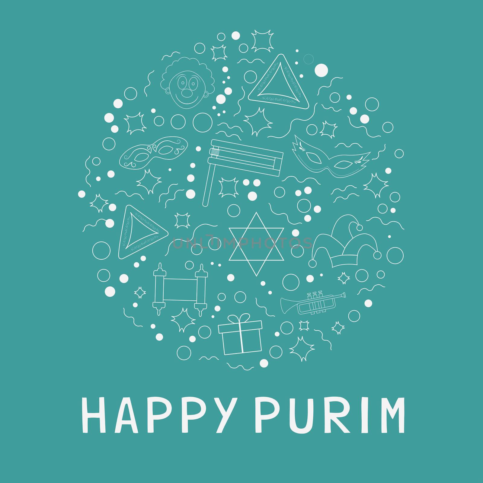 Purim holiday flat design white thin line icons set in round shape with text in english "Happy Purim". Vector eps10 illustration.
