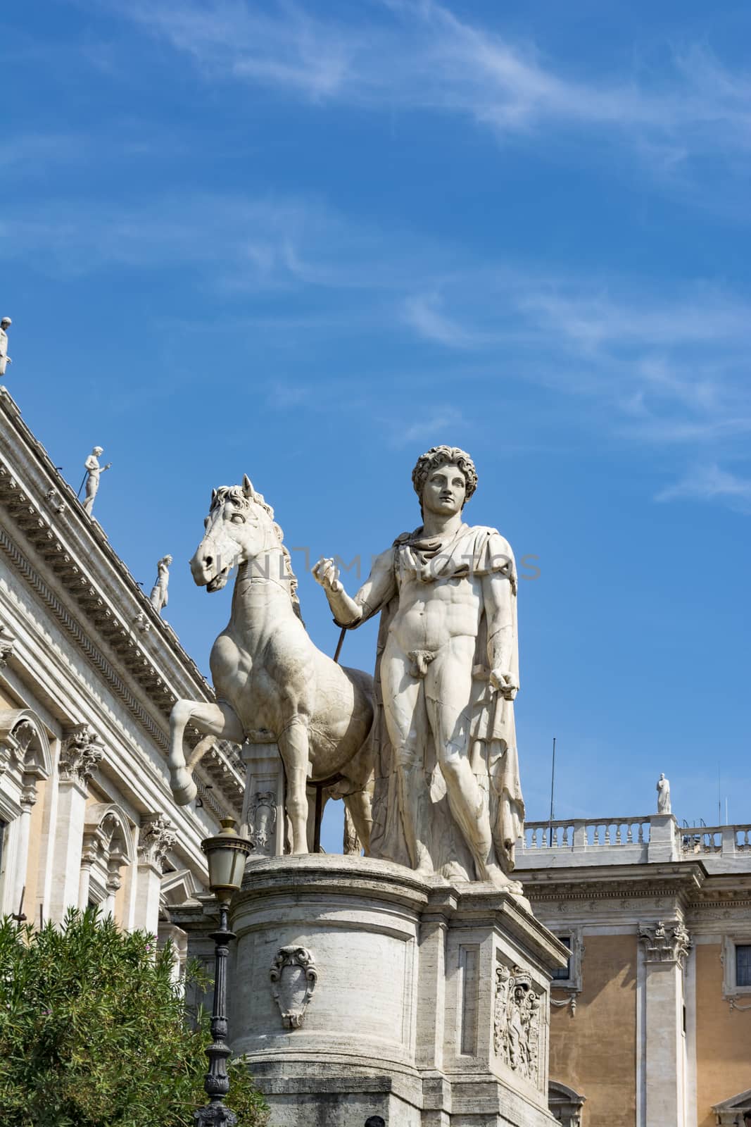 Marble statues of the Dioscuri, Castor and Pollux on the top of Capitoline Hill and Piazza del Campidoglio at Rome, Italy.