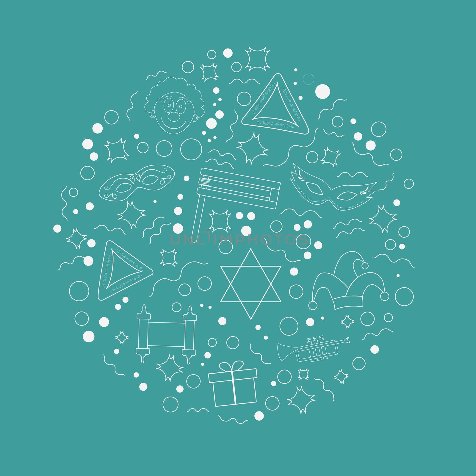 Purim holiday flat design white thin line icons set in round shape. Vector eps10 illustration.