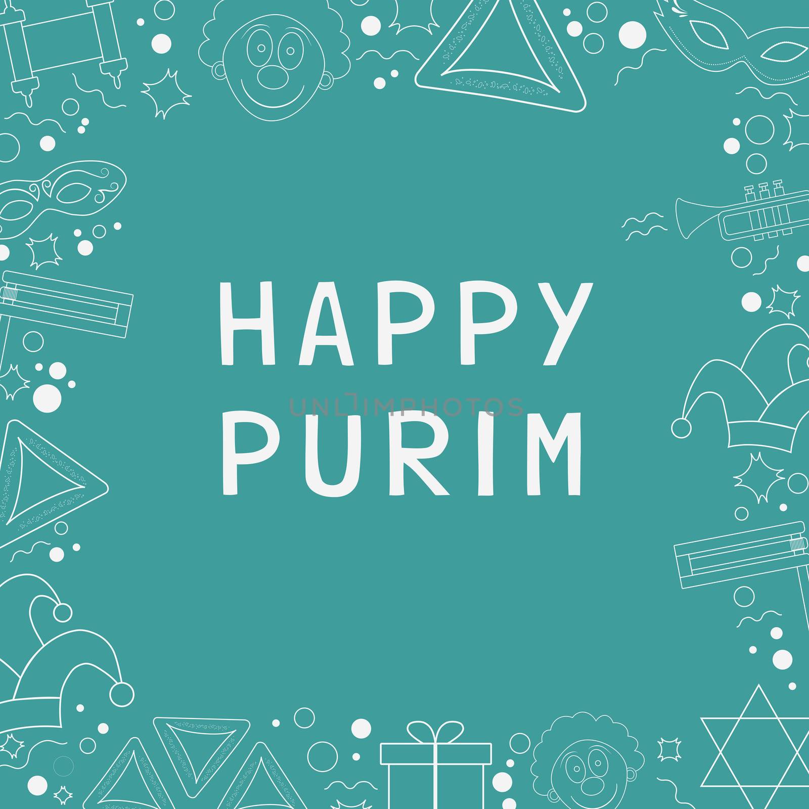 Frame with purim holiday flat design white thin line icons with text in english "Happy Purim". Template with space for text, isolated on background. Vector eps10 illustration.