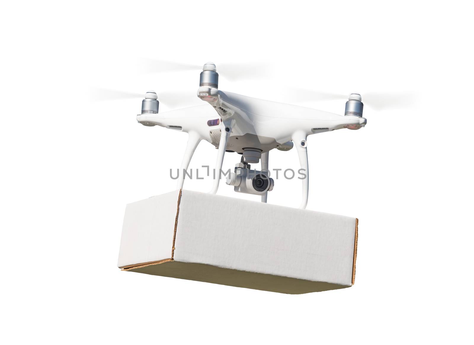 Unmanned Aircraft System (UAS) Quadcopter Drone Carrying Blank Package On White.