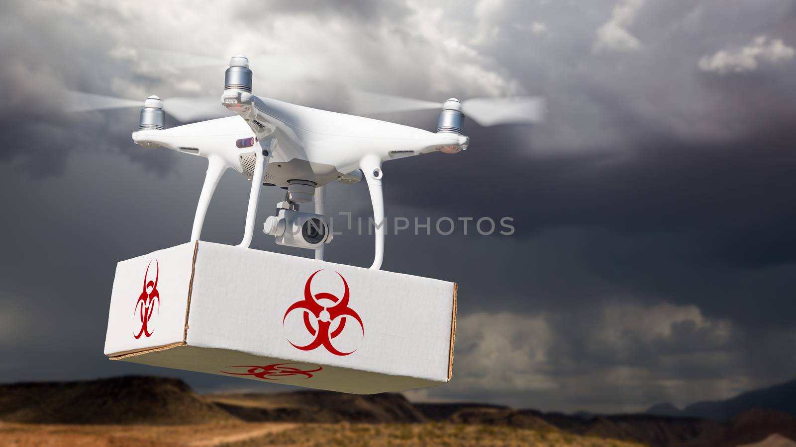 Unmanned Aircraft System (UAV) Quadcopter Drone Carrying Package With Biohazard Symbol Label Near Stormy Skies. by Feverpitched