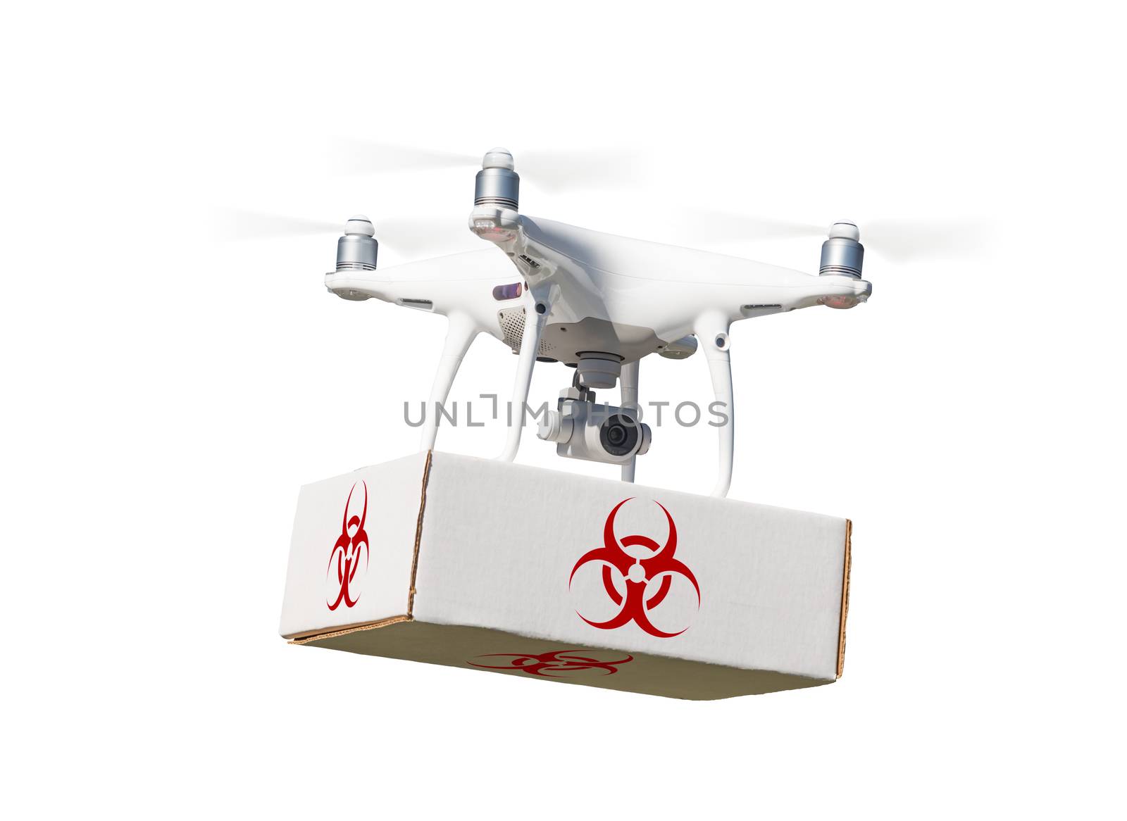 Unmanned Aircraft System (UAV) Quadcopter Drone Carrying Package With Biohazard Symbol Label On White. by Feverpitched