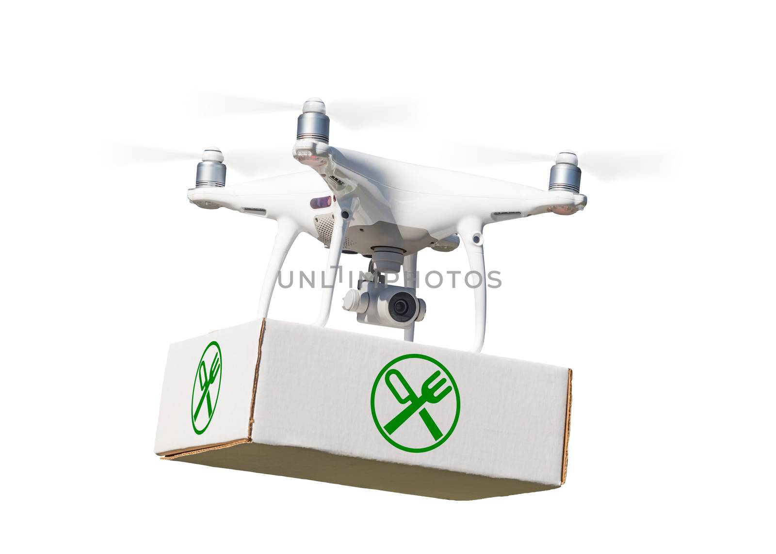 Unmanned Aircraft System (UAV) Quadcopter Drone Carrying Package With Food Symbol Label On White. by Feverpitched