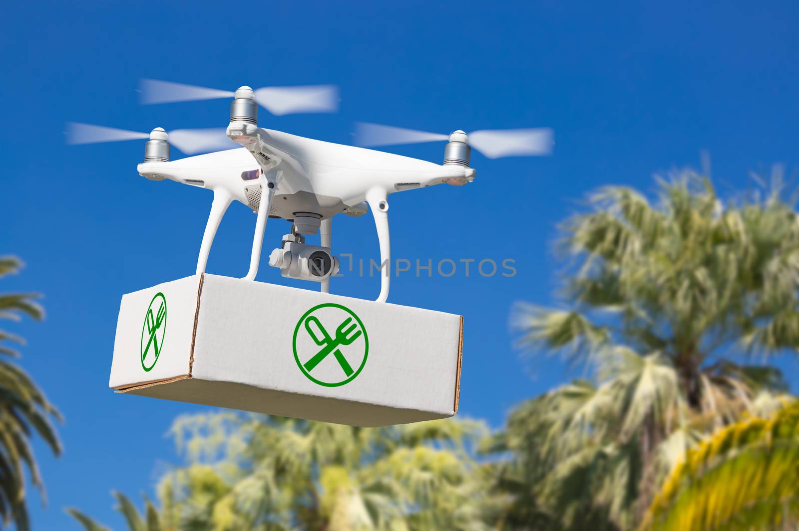 Unmanned Aircraft System (UAV) Quadcopter Drone Carrying Package With Food Symbol Label Over Tropical Terrain. by Feverpitched