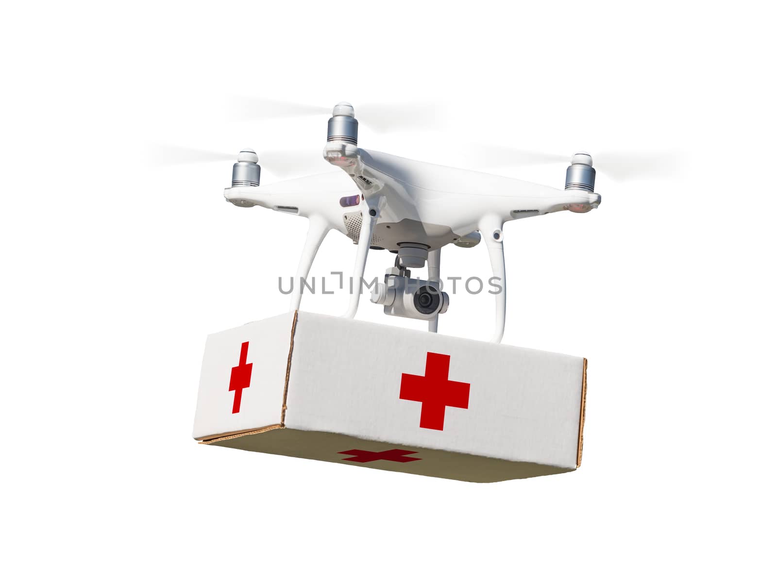 Unmanned Aircraft System (UAS) Quadcopter Drone Carrying First Aid Package On White. by Feverpitched