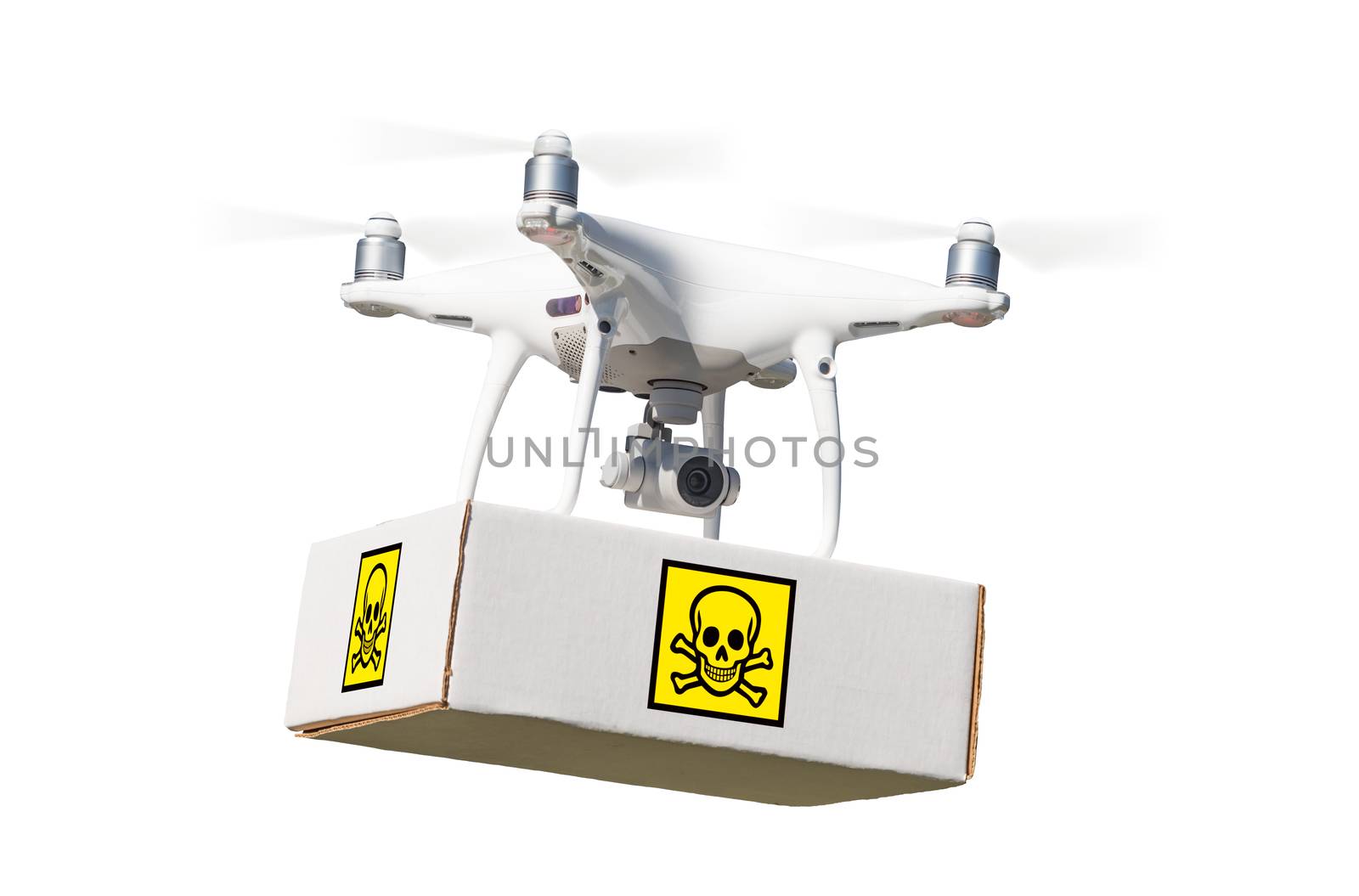 Unmanned Aircraft System (UAV) Quadcopter Drone Carrying Package With Poison Symbol Label On White. by Feverpitched