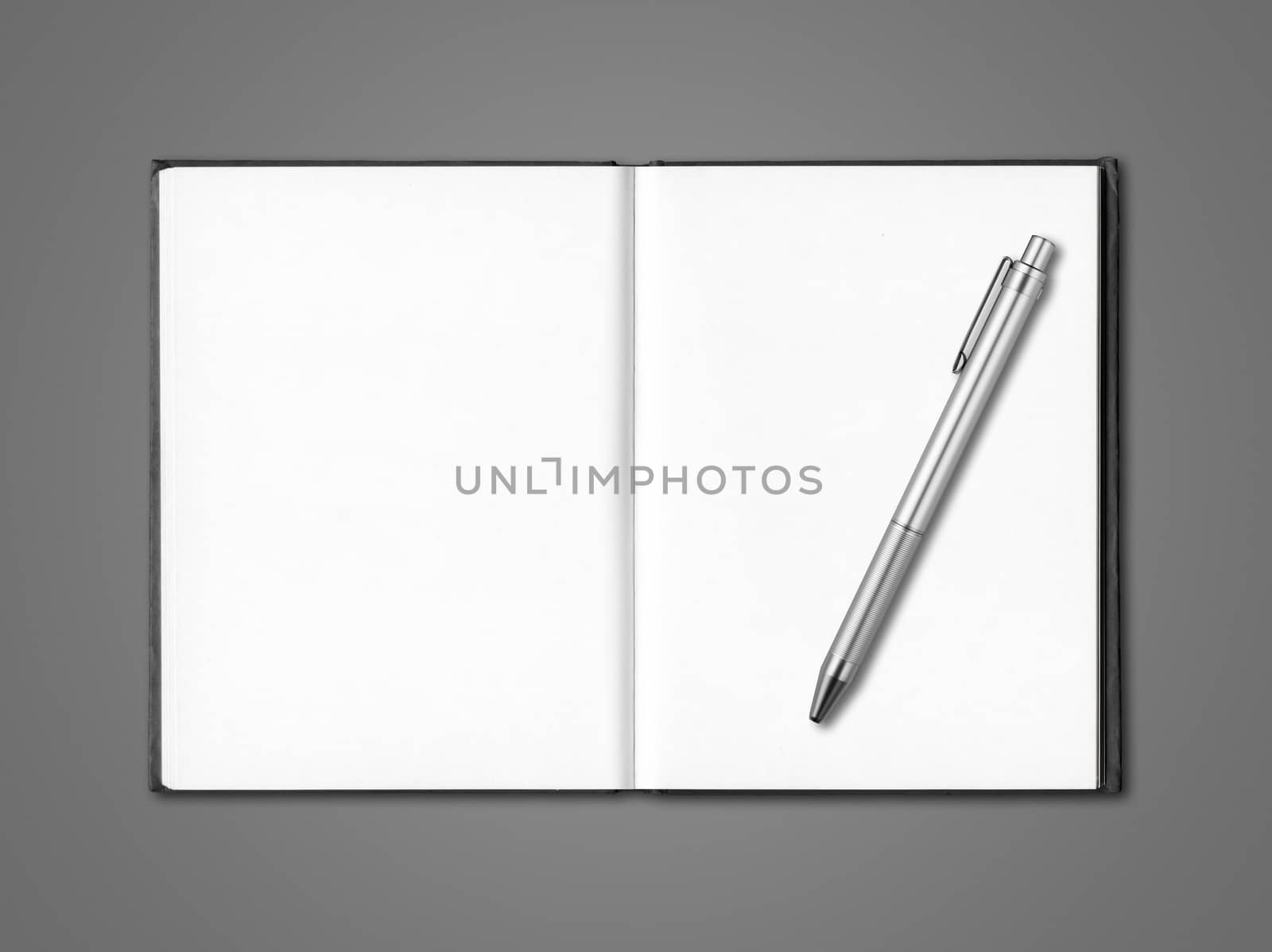 Blank open notebook and pen isolated on dark grey by daboost