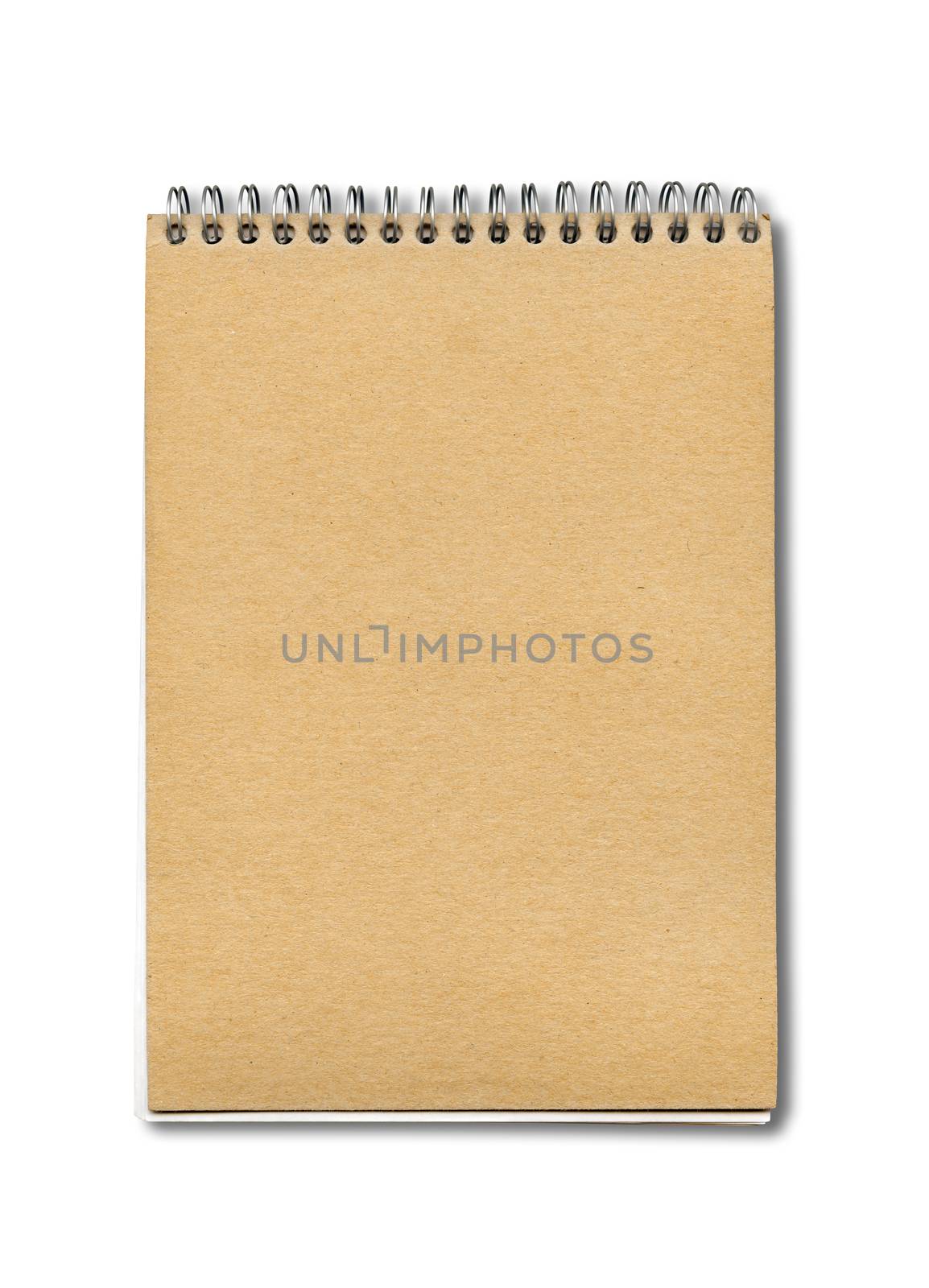 Spiral closed notebook mockup, brown paper cover, isolated on white