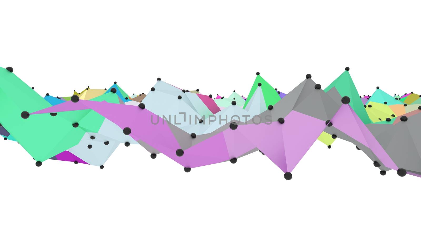 Concept of Network, Internet Communication. The black points are connected by lines and color polygons. 3D Illustration