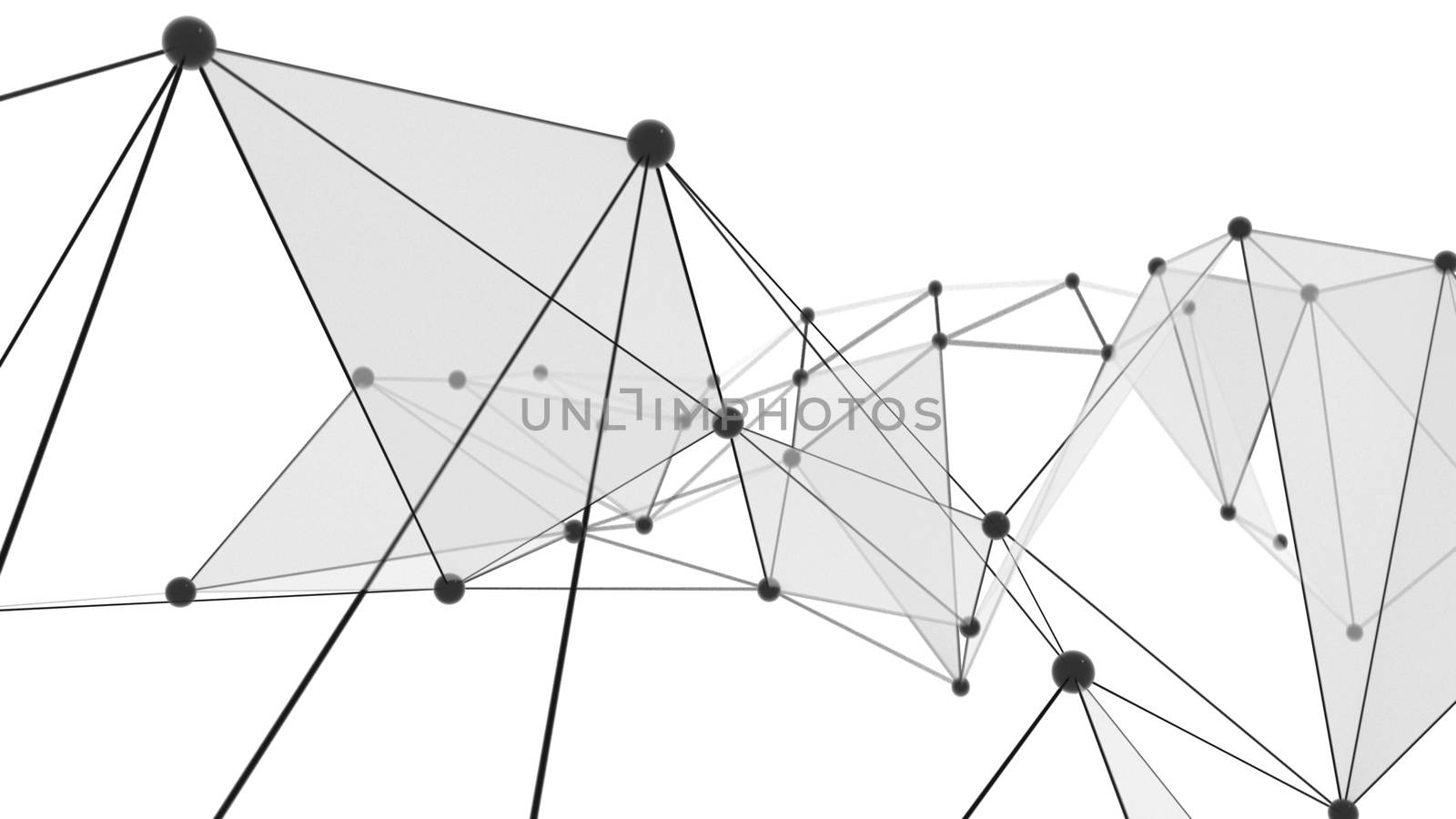 Concept of Network, Internet Communication. The black points are connected by lines and blue transparent triangles. 3D Illustration