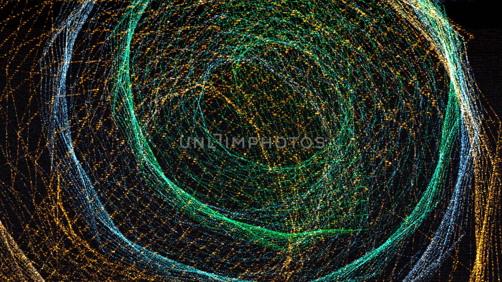 3d rendering background with twisted particle strings. Dark digital abstract background.