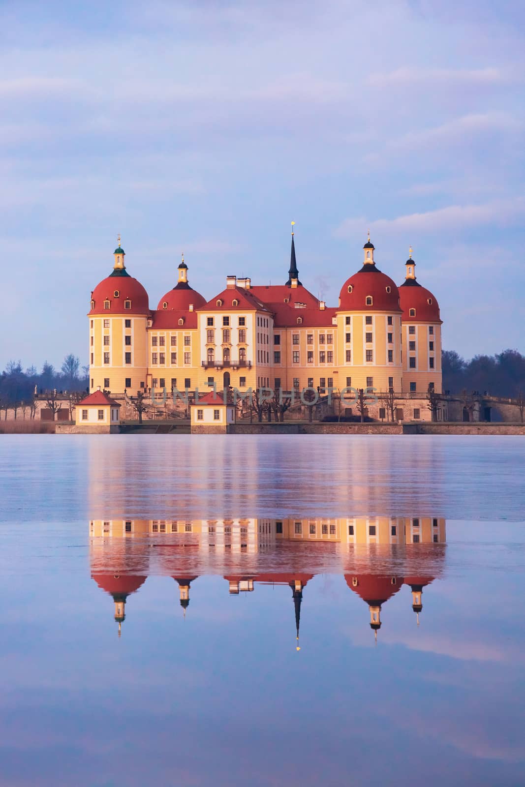 sunrise view in winter on Moritzburg castle named after Duke Moritz of Saxony, Germany